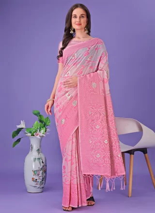 Pink Cotton Print Work Contemporary Saree for Casual