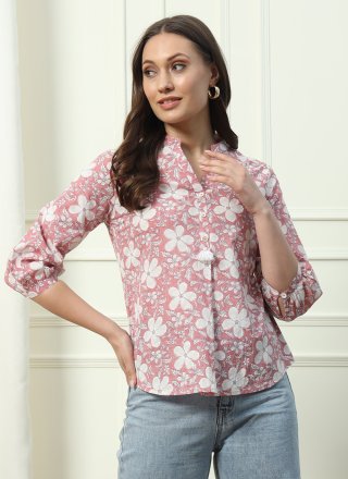 Pink Cotton Print Work Designer Kurti