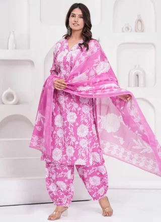 Pink Cotton Print Work Readymade Salwar Suit for Women