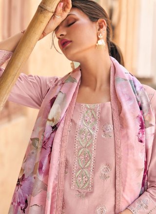 Pink Cotton Readymade Salwar Suit with Embroidered Work