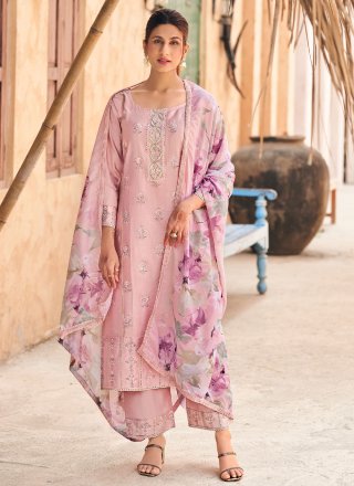 Pink Cotton Readymade Salwar Suit with Embroidered Work