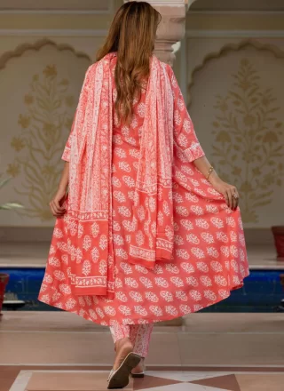 Pink Cotton Readymade Salwar Suit with Fancy and Print Work
