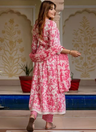 Pink Cotton Readymade Salwar Suit with Floral Patch Work
