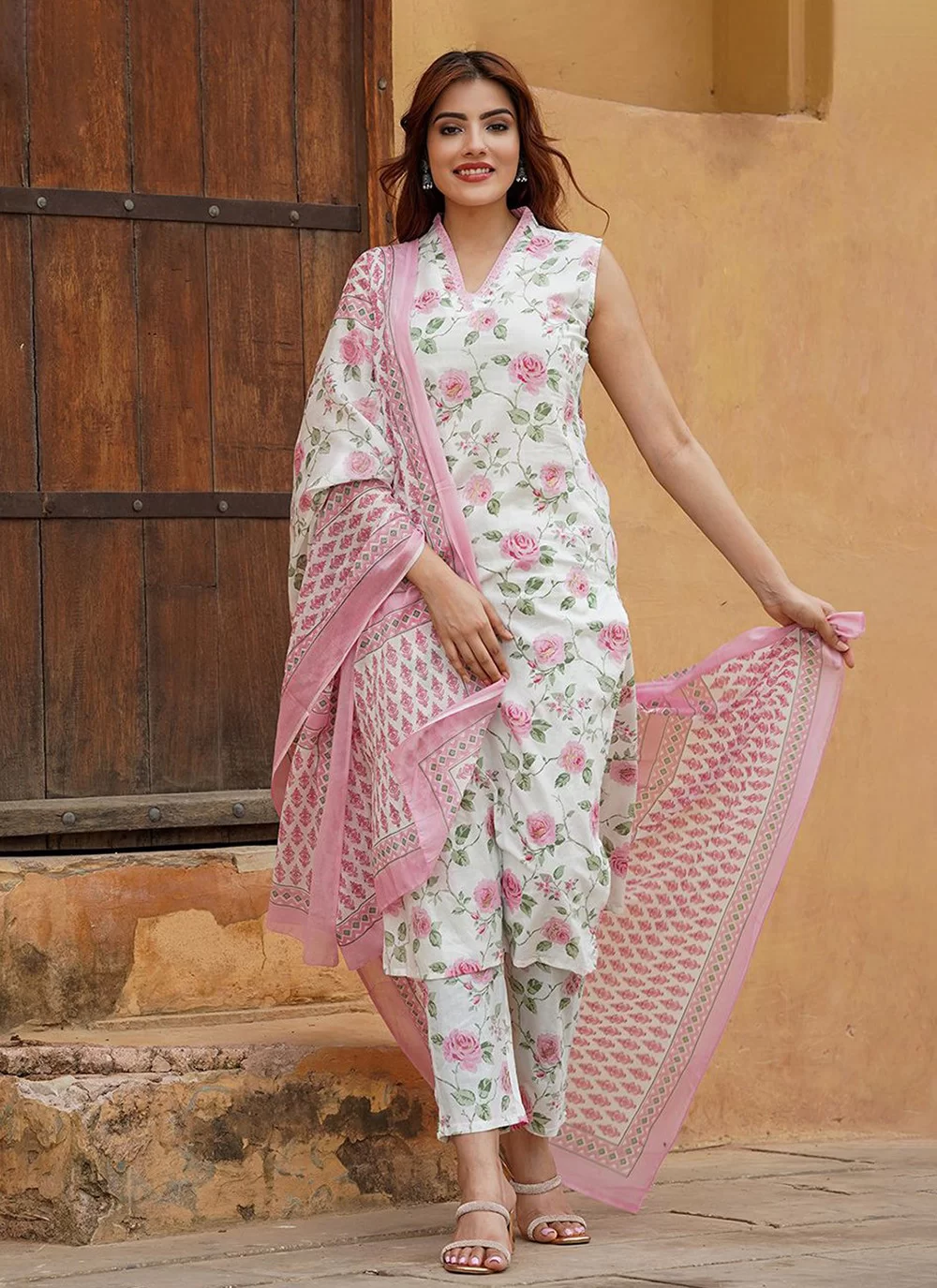 Pink Cotton Salwar Suit with Floral Patch and Lace Work
