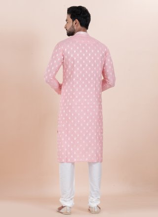 Pink Cotton Silk Kurta Pyjama with Jacquard Work for Ceremonial