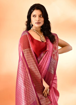 Pink Cotton Silk Plain and Woven Work Trendy Saree