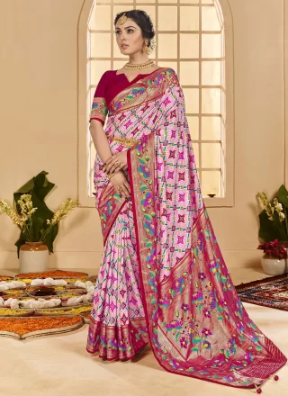 Pink Cotton Silk Trendy Saree with Patch Border and Print Work