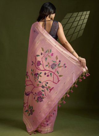 Pink Cotton Traditional Saree with Floral Patch, Thread, Woven and Zari Work for Ceremonial