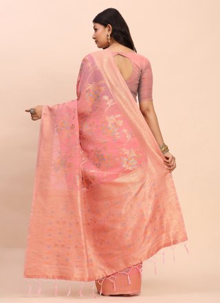 Pink Cotton Woven Work Contemporary Sari