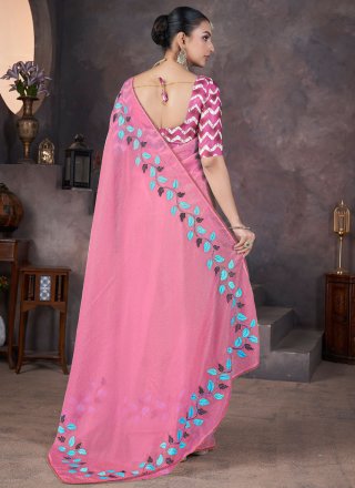 Pink Crush Contemporary Saree with Patch Border, Embroidered, Lace, Patch Border and Thread Work for Ceremonial