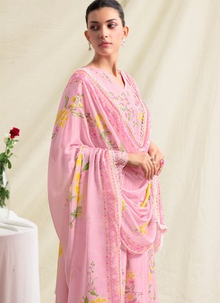 Pink Digital Print, Embroidered and Resham Work Muslin Salwar Suit
