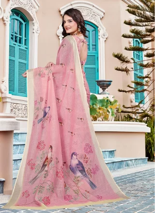 Pink Digital Print Work Cotton Classic Sari