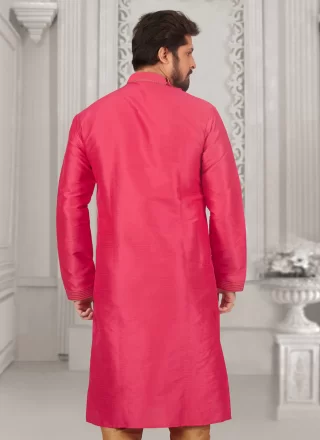 Pink Dupion Silk Kurta Pyjama with Embroidered Work