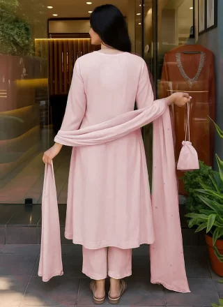 Pink Embroidered and Mirror Work Chanderi Readymade Style