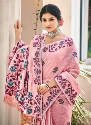 Pink Embroidered and Thread Work Kanjivaram Silk Trendy Saree