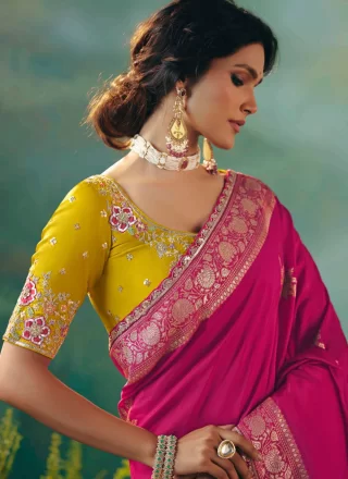 Pink Embroidered and Weaving Work Silk Classic Saree