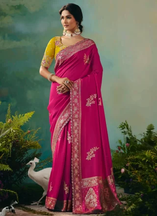 Pink Embroidered and Weaving Work Silk Classic Saree
