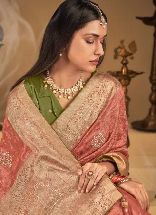 Pink Embroidered, Fancy, Stone, Swarovski, Weaving and Zari Work Silk Traditional Saree
