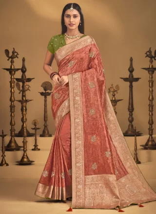 Pink Embroidered, Fancy, Stone, Swarovski, Weaving and Zari Work Silk Traditional Saree