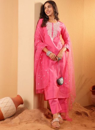 Pink Embroidered Work Chanderi Silk Pant Style Suit