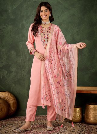 Pink Embroidered Work Silk Blend Salwar Suit