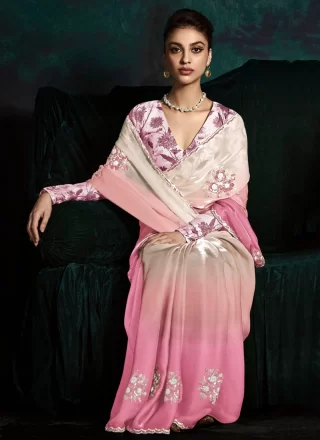 Pink Fancy Fabric Booti, Embroidered, Sequins, Thread and Zari Work Contemporary Saree for Ceremonial