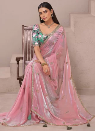 Pink Fancy Fabric Patch Border, Booti, Embroidered, Lace and Zari Work Classic Saree for Ceremonial
