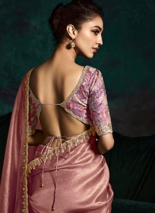 Pink Fancy Fabric Patch Border, Cut, Embroidered, Sequins and Zari Work Contemporary Saree for Ceremonial