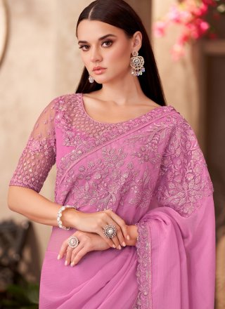 Pink Faux Chiffon Contemporary Sari with Patch Border, Embroidered and Lace Work for Women