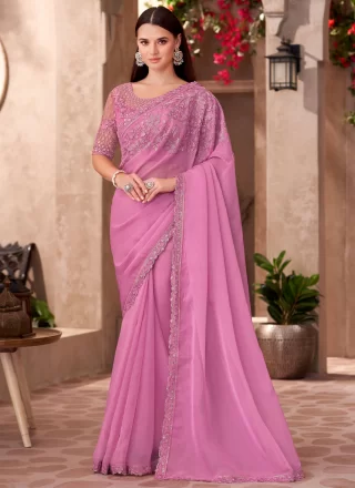 Pink Faux Chiffon Contemporary Sari with Patch Border, Embroidered and Lace Work for Women