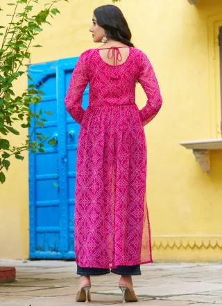 Pink Faux Georgette Bandhej, Patch Border and Print Work Casual Kurti for Casual
