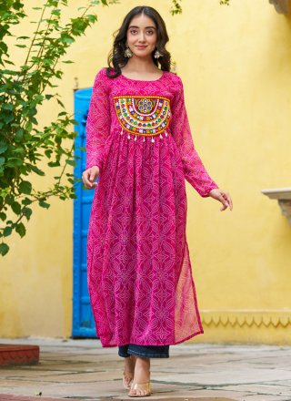 Pink Faux Georgette Bandhej, Patch Border and Print Work Casual Kurti for Casual