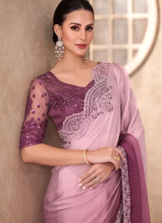 Pink Faux Georgette Classic Sari with Patch Border and Embroidered Work for Ceremonial