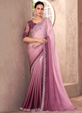 Pink Faux Georgette Classic Sari with Patch Border and Embroidered Work for Ceremonial
