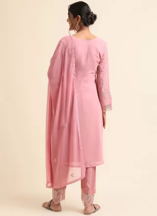 Pink Faux Georgette Embroidered and Stone Work Pant Style Suit