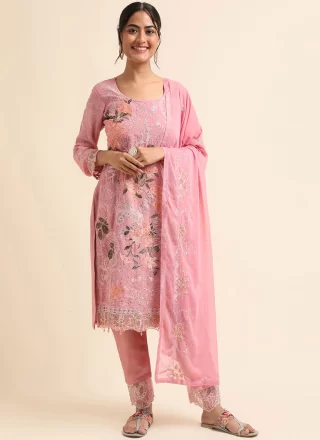 Pink Faux Georgette Embroidered and Stone Work Pant Style Suit