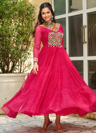 Pink Faux Georgette Gamthi and Print Work Designer Gown