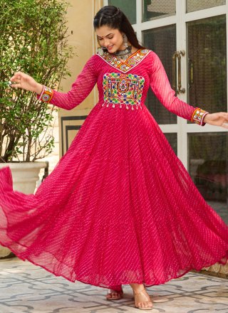 Pink Faux Georgette Gamthi and Print Work Designer Gown