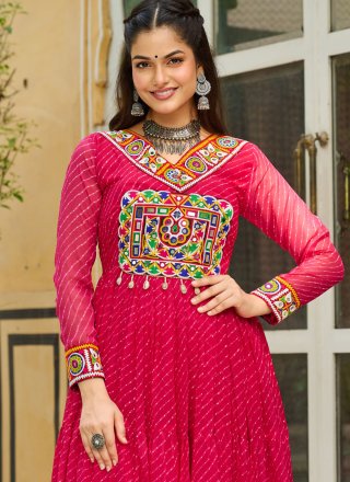 Pink Faux Georgette Gamthi and Print Work Designer Gown