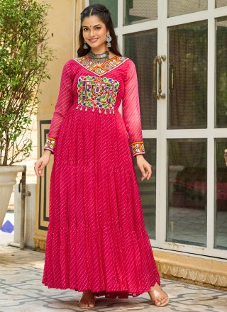 Pink Faux Georgette Gamthi and Print Work Designer Gown