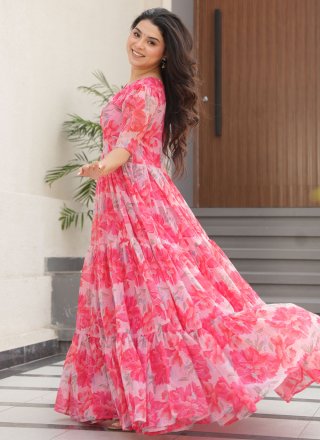 Pink Faux Georgette Gown with Floral Patch Work for Casual