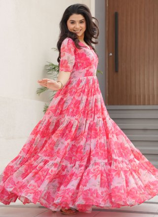 Pink Faux Georgette Gown with Floral Patch Work for Casual
