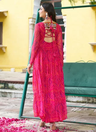 Pink Faux Georgette Gown with Gamthi, Patch Border and Print Work