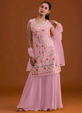Pink Faux Georgette Salwar Suit with Beads, Embroidered and Mirror Work for Ceremonial