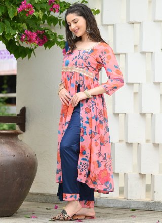 Pink Floral Patch and Lace Work Georgette Party Wear Kurti