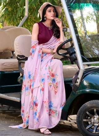 Pink Floral Patch, Lace and Pearls Work Weight Less Classic Saree