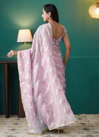 Pink Foil Print Work Organza Trendy Saree