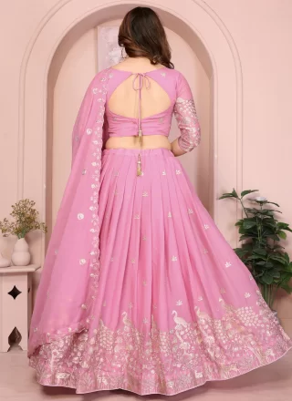 Pink Georgette A - Line Lehenga Choli with Embroidered and Zari Work