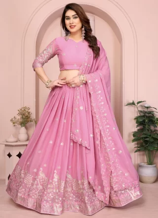 Pink Georgette A - Line Lehenga Choli with Embroidered and Zari Work
