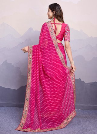 Pink Georgette Bandhej, Embroidered and Print Work Trendy Saree for Casual